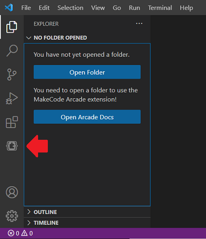 Screenshot of the VS code action bar with an arrow pointing to the MakeCode Arcade Asset Explorer