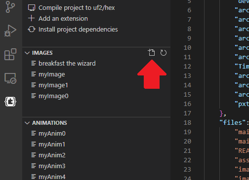 Screenshot of the MakeCode Asset Explorer with a red arrow pointing to the create icon in the images section